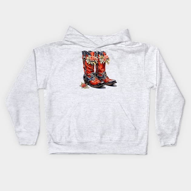 Watercolor Western Christmas Boots Kids Hoodie by Chromatic Fusion Studio